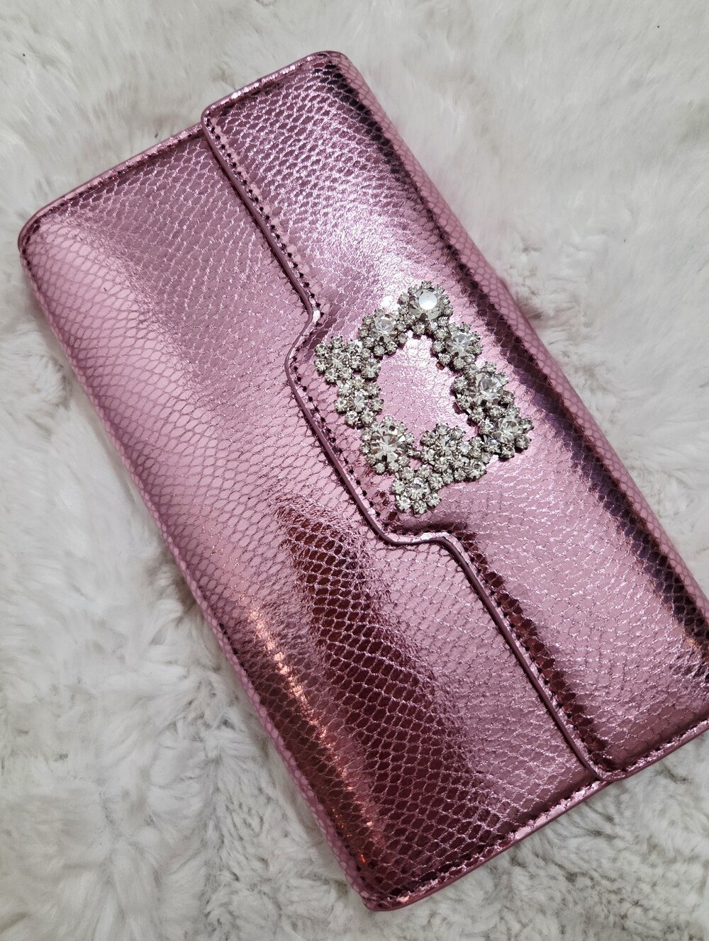Metallic Pink Evening Clutch with Crystal Accent